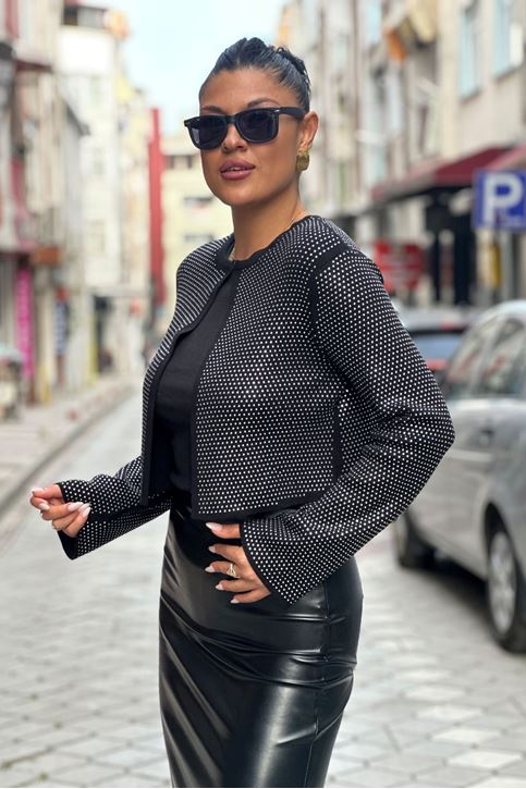 Tamamı Taş Detay Çelik Örgü Triko Hırka-Siyah