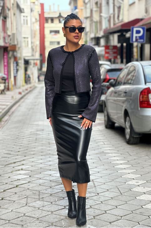 Tamamı Taş Detay Çelik Örgü Triko Hırka-Siyah