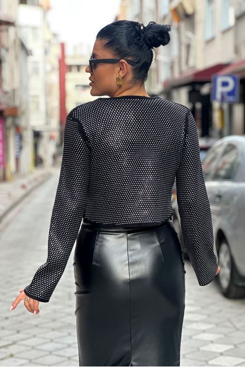 Tamamı Taş Detay Çelik Örgü Triko Hırka-Siyah