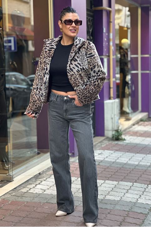 Leopar Desen Dokulu İçi Astarlı Ceket-Leopar