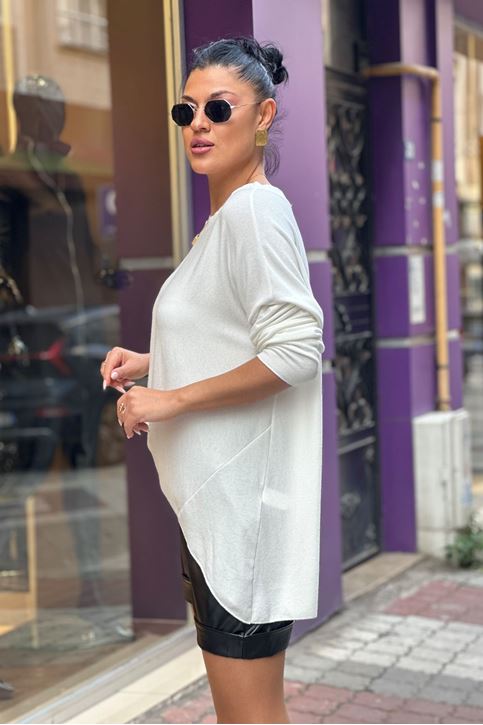 Bisiklet Yaka İthal Doku Salaş Triko Bluz-Beyaz