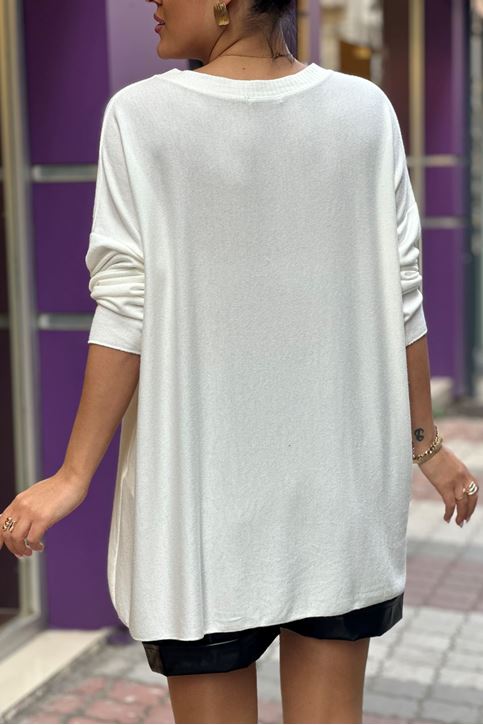 Bisiklet Yaka İthal Doku Salaş Triko Bluz-Beyaz