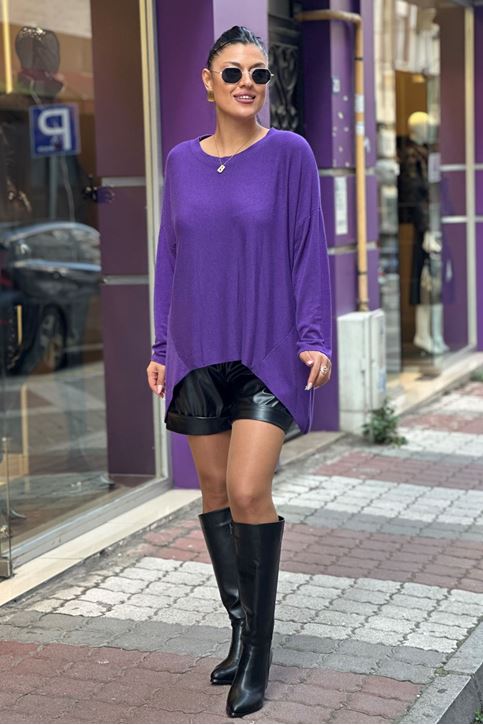 Bisiklet Yaka İthal Doku Salaş Triko Bluz-Mor