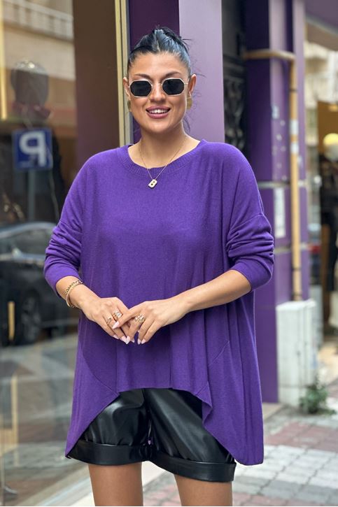 Bisiklet Yaka İthal Doku Salaş Triko Bluz-Mor