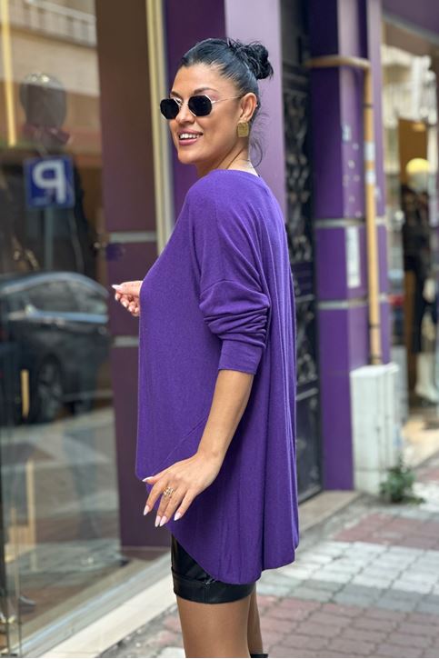 Bisiklet Yaka İthal Doku Salaş Triko Bluz-Mor