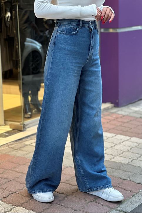 Yüksek Bel Yumuşak Doku Palazzo Jean-Mavi