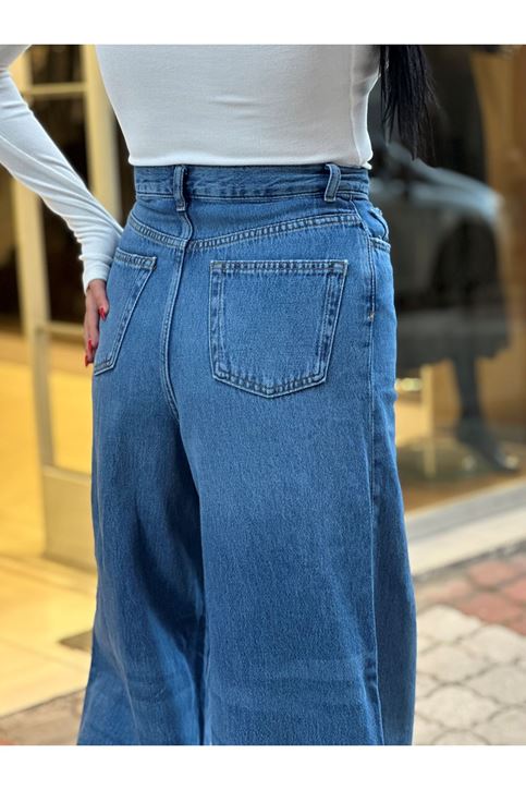 Yüksek Bel Yumuşak Doku Palazzo Jean-Mavi