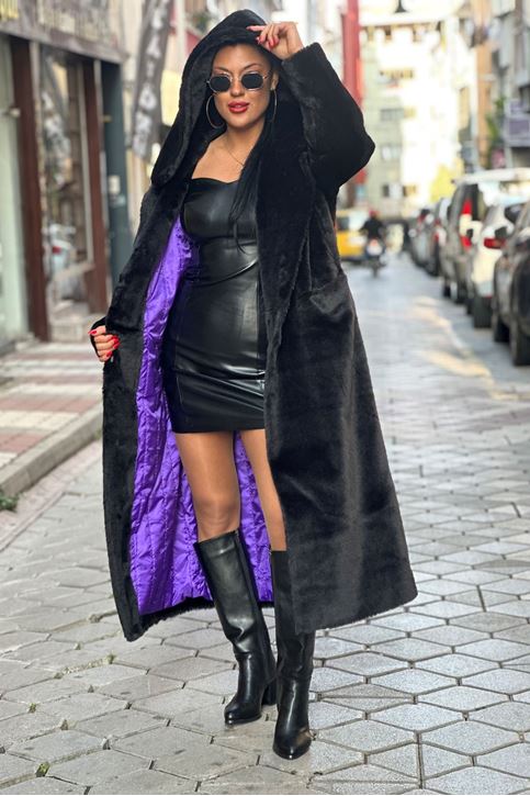 Kapşonlu Uzun İthal Kürk Kaban-Siyah