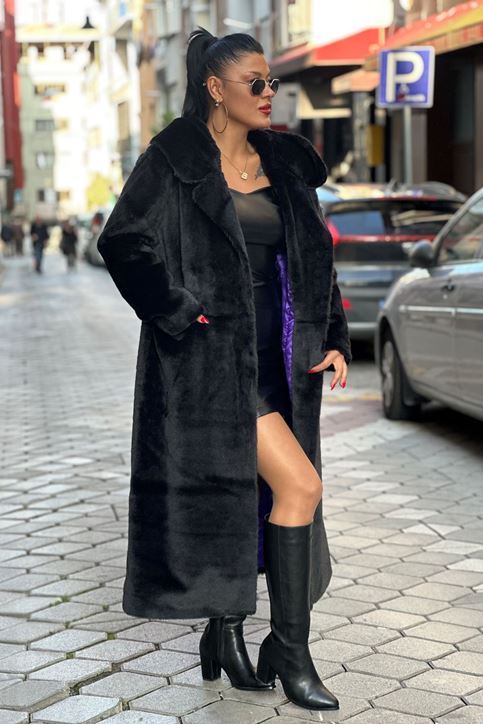 Kapşonlu Uzun İthal Kürk Kaban-Siyah