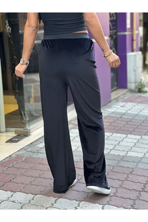 Bel Lastikli Bol Paça Kadife Pantolon-Siyah