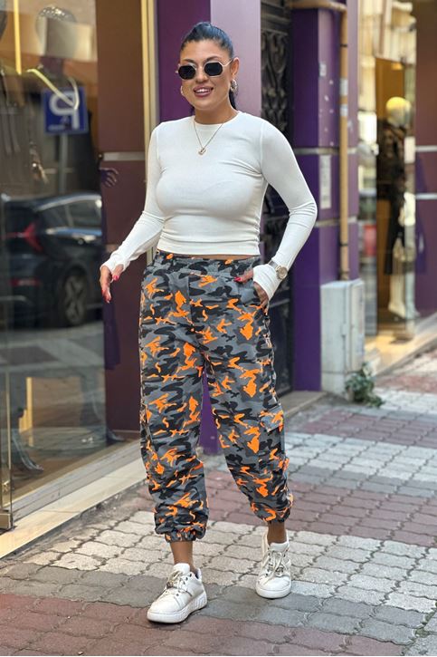 Beli Ve Paçası Lastikli Kargo Cepli Kamuflaj Pantolon-Turuncu