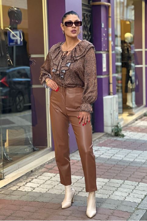 Ön Dikiş Detaylı Yüksek Bel Deri Pantolon-Taba