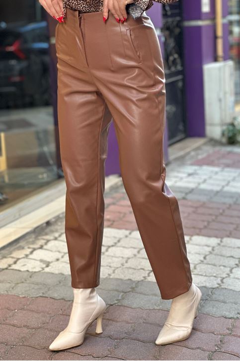 Ön Dikiş Detaylı Yüksek Bel Deri Pantolon-Taba