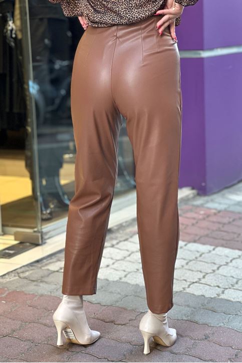 Ön Dikiş Detaylı Yüksek Bel Deri Pantolon-Taba