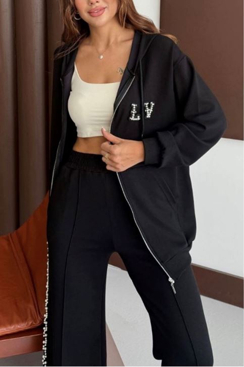Yan Şerit İnci Detay Kapşonlu İkili Takım-Siyah