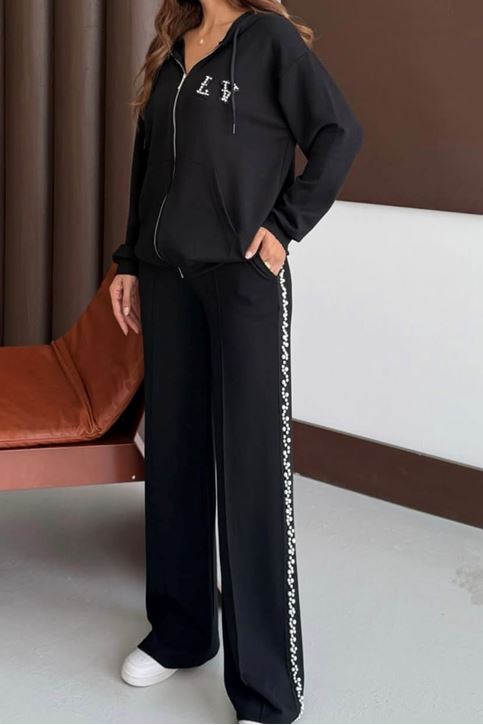 Yan Şerit İnci Detay Kapşonlu İkili Takım-Siyah