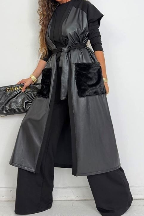 Uzun Deri Yelekli Üçlü Takım-Siyah