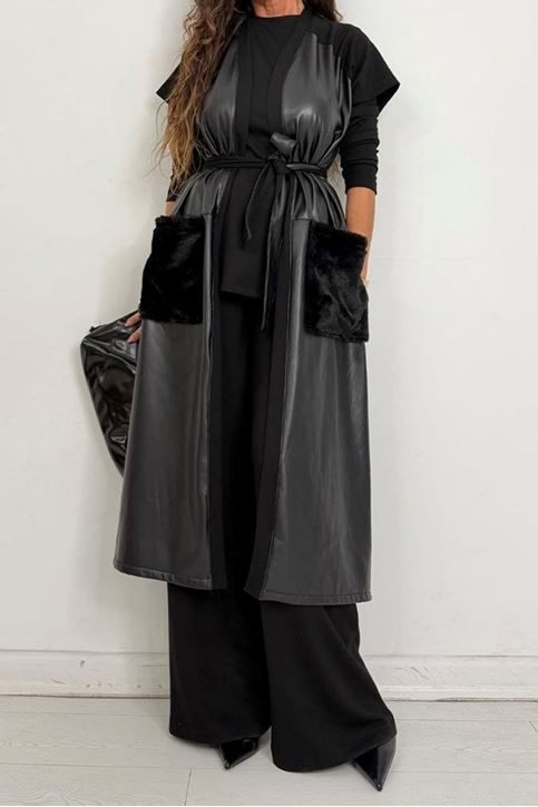 Uzun Deri Yelekli Üçlü Takım-Siyah