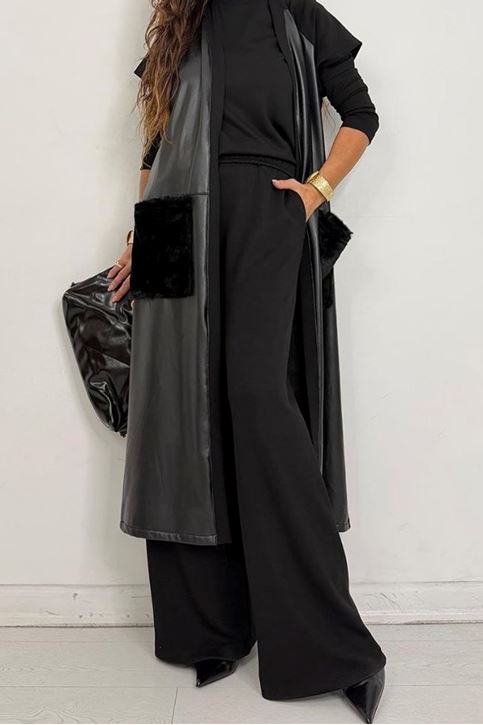 Uzun Deri Yelekli Üçlü Takım-Siyah