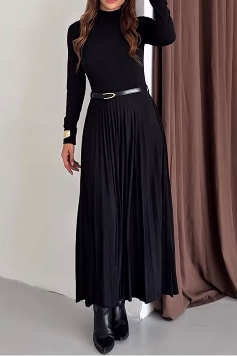 Dik Yaka Kemerli Eteği Pileli Mid Boy Elbise-Siyah