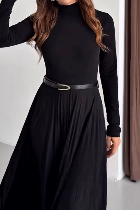 Dik Yaka Kemerli Eteği Pileli Mid Boy Elbise-Siyah