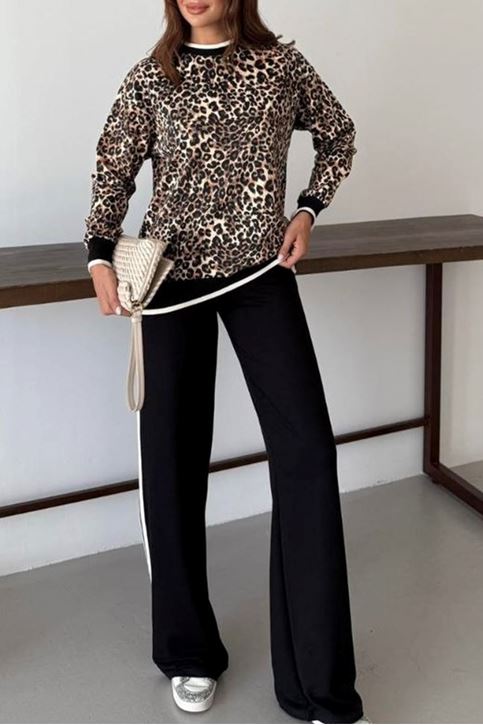 Yan Şerit Detaylı Leopar Desen İkili Takım-Leopar