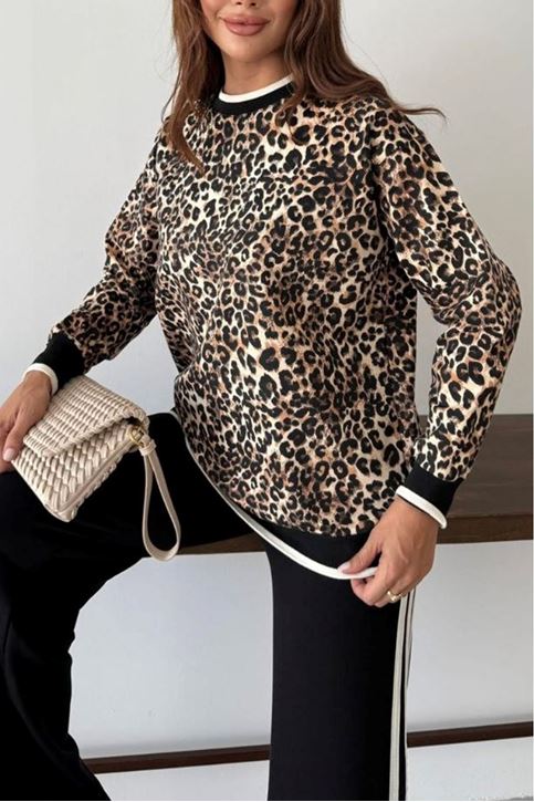 Yan Şerit Detaylı Leopar Desen İkili Takım-Leopar