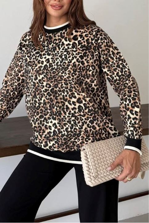 Yan Şerit Detaylı Leopar Desen İkili Takım-Leopar