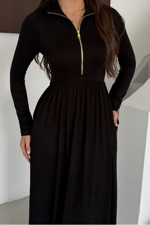 Balıkcı Yaka Yarım Fermuarlı Midi Boy Elbise-Siyah