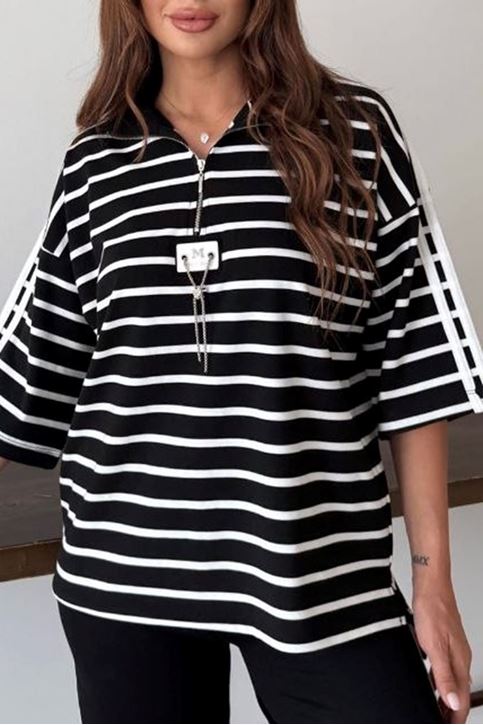 Yaka Zincir Detay Çizgili İkili Takım-siyah beyaz