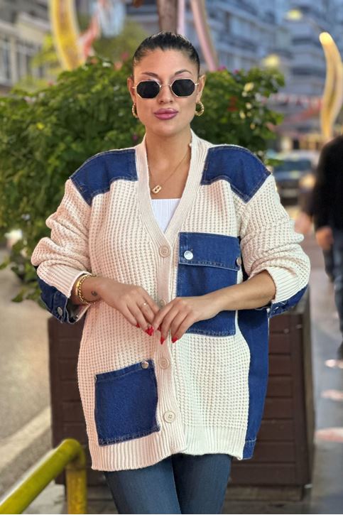 Kot Yama Detaylı Triko Hırka-Krem