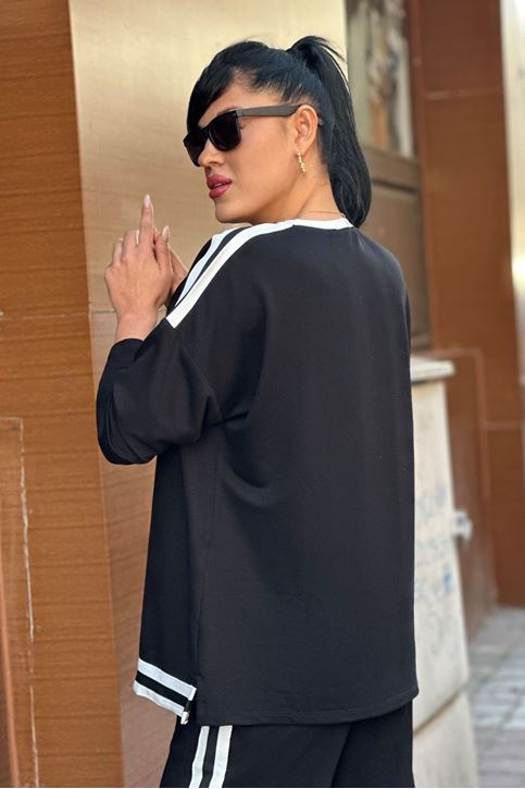 Omuzları Şerit Detay Bol Paça İkili Takım-Siyah