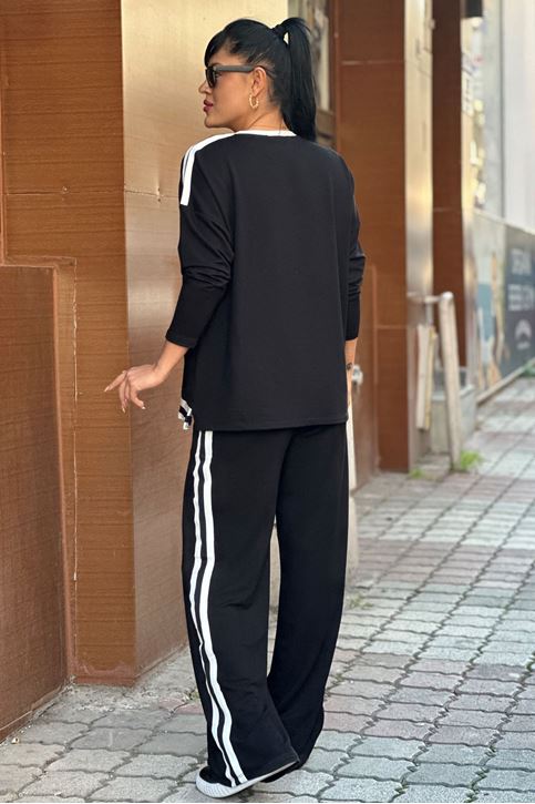 Omuzları Şerit Detay Bol Paça İkili Takım-Siyah