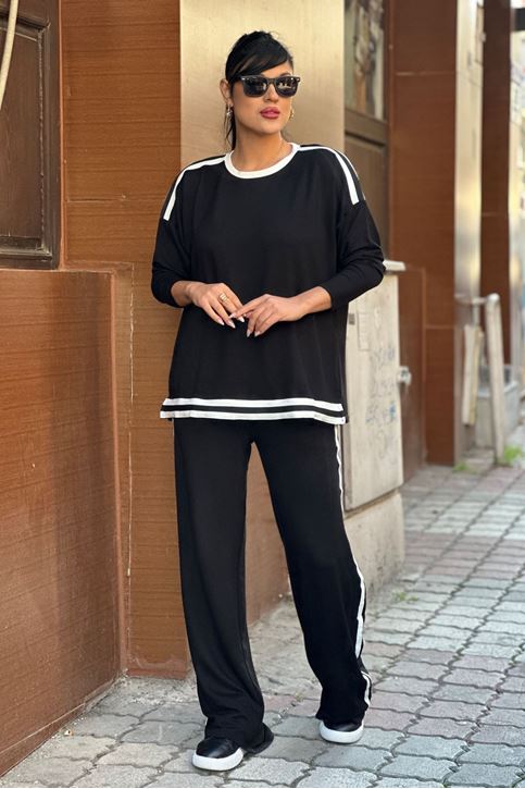 Omuzları Şerit Detay Bol Paça İkili Takım-Siyah