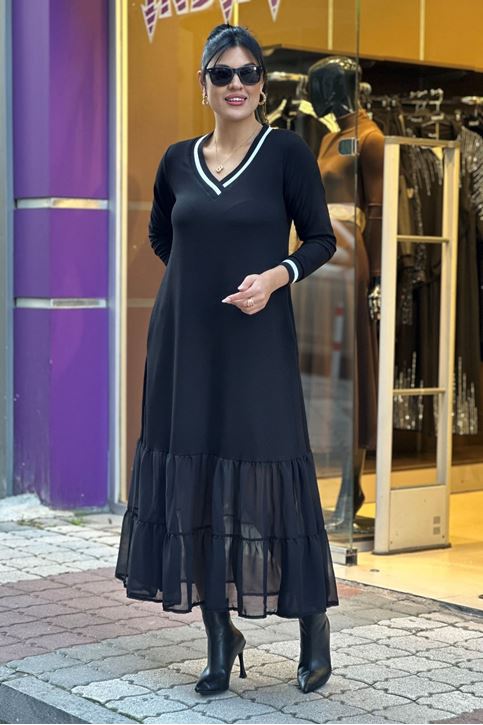 Yakası Biyeli Eteği Şifon Midi Boy Elbise-Siyah