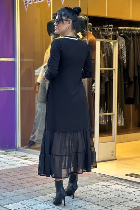 Yakası Biyeli Eteği Şifon Midi Boy Elbise-Siyah