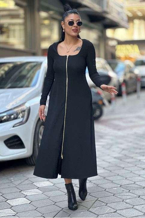 Kare Yaka Ön Fermuar Detaylı Mdi Boy Elbise-Siyah