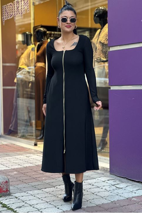 Kare Yaka Ön Fermuar Detaylı Mdi Boy Elbise-Siyah