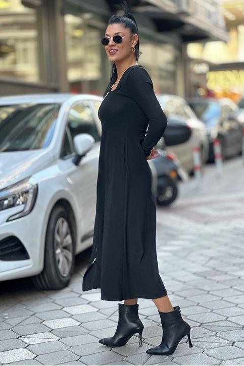 Kare Yaka Ön Fermuar Detaylı Mdi Boy Elbise-Siyah