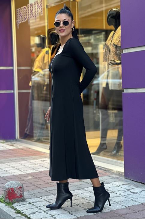 Kare Yaka Ön Fermuar Detaylı Mdi Boy Elbise-Siyah