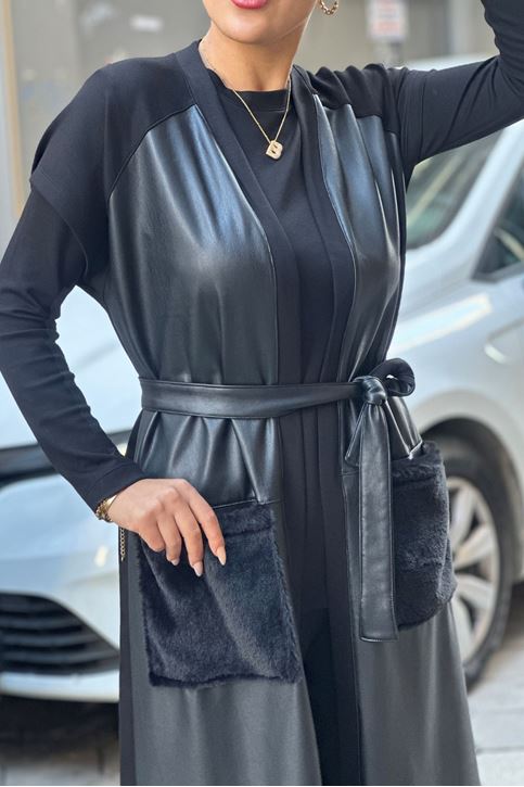 Uzun Deri Yelekli Üçlü Takım-Siyah