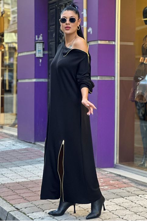 Omuz Ve Eteği Fermuarlı Midi Boy Elbise-Siyah