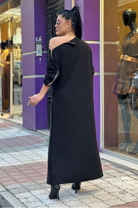 Omuz Ve Eteği Fermuarlı Midi Boy Elbise-Siyah