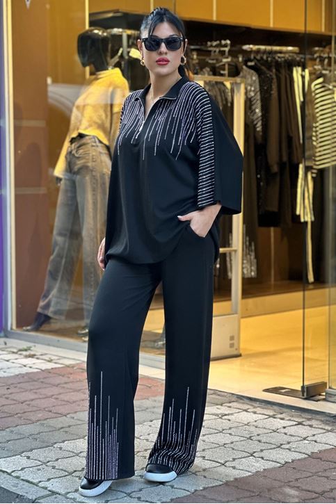 Omuzları ve Paçaları Taşlı İkili Takım-Siyah