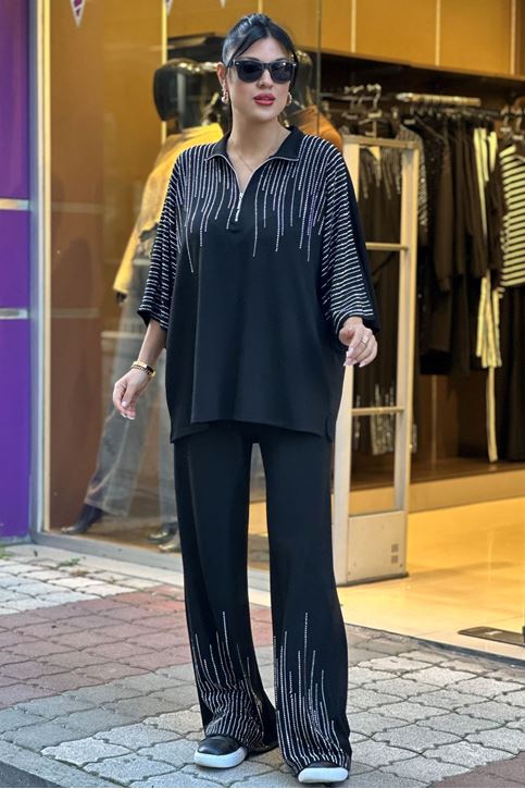 Omuzları ve Paçaları Taşlı İkili Takım-Siyah