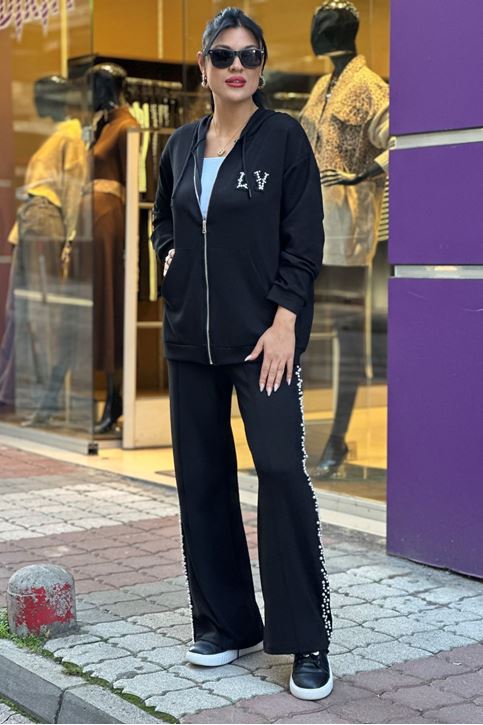 Yan Şerit İnci Detay Kapşonlu İkili Takım-Siyah