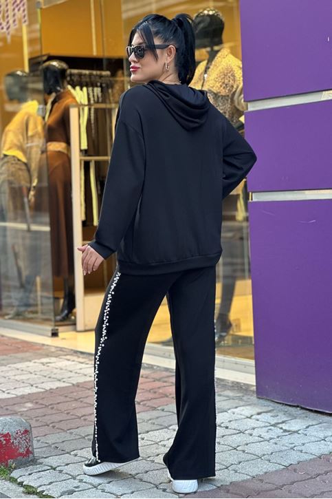 Yan Şerit İnci Detay Kapşonlu İkili Takım-Siyah