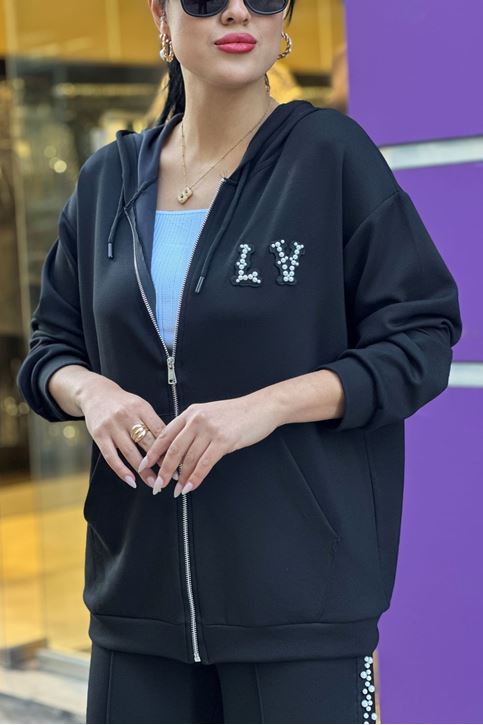 Yan Şerit İnci Detay Kapşonlu İkili Takım-Siyah