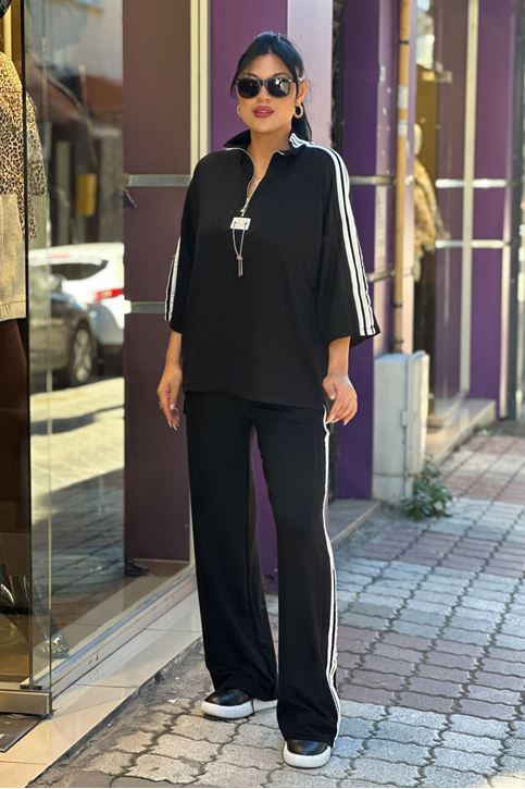 Yaka Zincir Detay Çizgili İkili Takım-Siyah