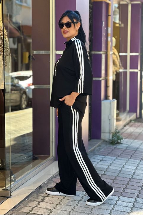 Yaka Zincir Detay Çizgili İkili Takım-Siyah